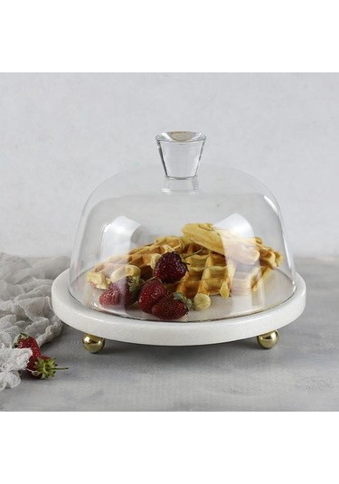 Akayev Mermer 25 CM Altın Boncuk Ayaklı Beyaz Kalın Cam Fanus