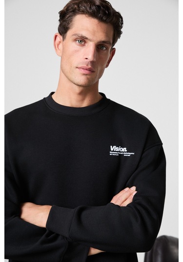 Ernest Erkek Organik Pamuklu Yumuşacık Baskı Detaylı Bisiklet Yaka İçi Polarlı Siyah Sweatshirt