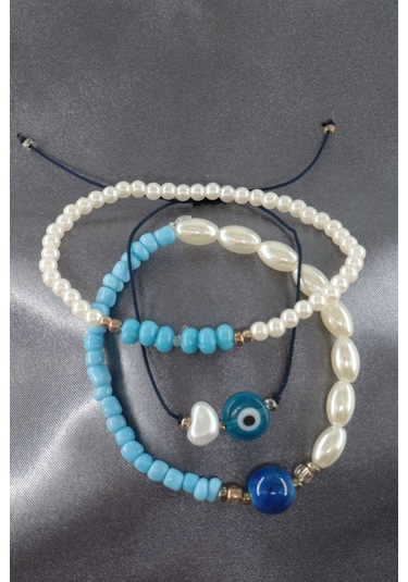 3lü Nazar Boncuklu İncili Boncuklu Asansörlü Lastikli İp Bileklik. Kadın İp Bileklik Halhal Çok Renkli