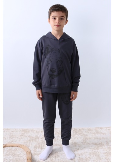 Erkek Çocuk Kapşonlu Eşofman Takımı Kurt Baskılı F10 Füme