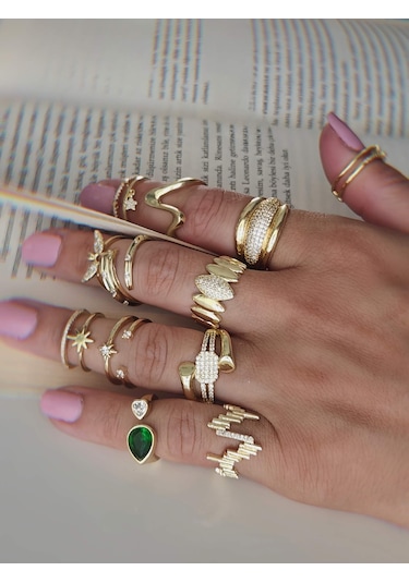 İki Sıralı Yıldız Zirkon Taşlı Ayarlanabilir Gold Altın Renkli Yüzük Gold