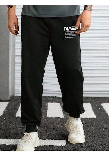 Nasa Eşofman Altı Jogger - Siyah Baskılı Lastik Paça Yüksel Bel Siyah
