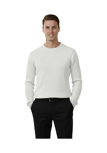 Deepsea Erkek Beyaz Rahat Kalıp Çizgi Dokulu Triko Kazak Şık & Modern Tasarım 2605432 Beyaz