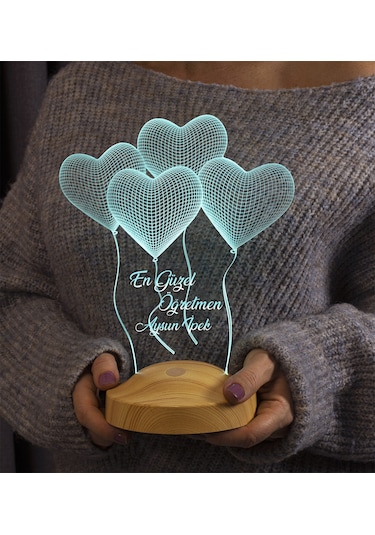 3D Led Lamba 3 Boyutlu Öğretmenler Günü Hediyesi 4 Kalp Klasik