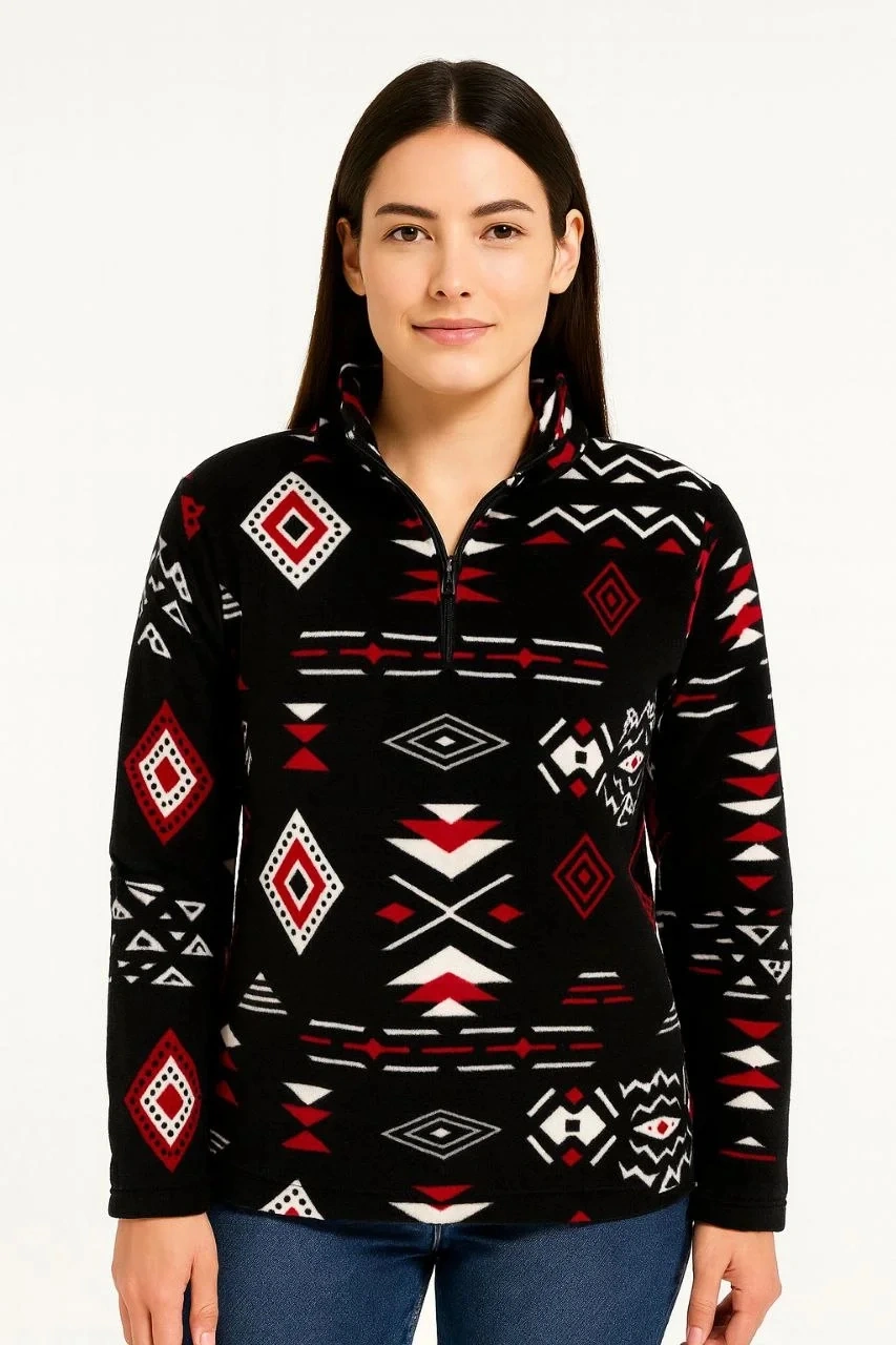 Kadın Yarım Fermuarlı Desenli Polar Sweat Tribal Etnik Desen Yakalı, Uzun Kollu, Oversize Rahat Kalı Siyah