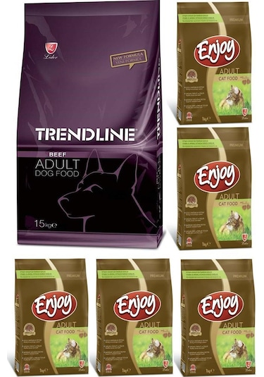 Trendline Dog Biftekli Köpek Maması 15 KG ve  Enjoy Tavuk Etli Yetişkin Kedi Maması 5 x 1 KG