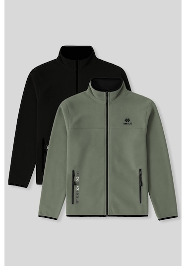 Standart Kalıp Dik Yaka 2li Paket Siyah-çağla Erkek Polar Sweatshirt - 87992 Siyah - Yeşil