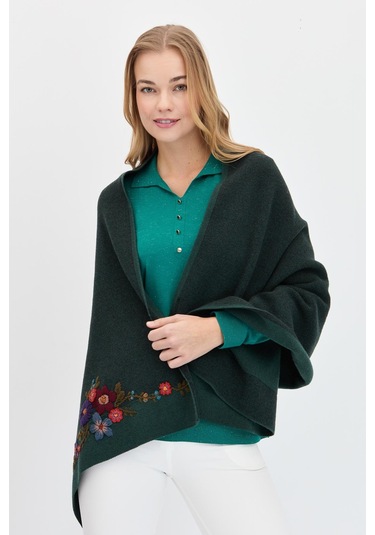 Desen Triko Kadın Çiçek İşlemeli Triko Şal 23154 Yeşil Yeşil