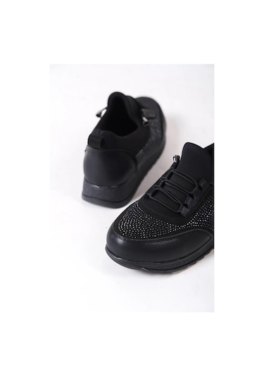 Kadın Galina Siyah Taşlı Bağcıklı Lastikli Ortopedik Rahat Taban Taş Detaylı Günlük Babet Anne Ayakkabısı-siyah Siyah