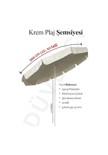 10 Telli Kalın Polyester Kumaşlı Balkon, Plaj Şemsiyesi Bidon Hariç Bej