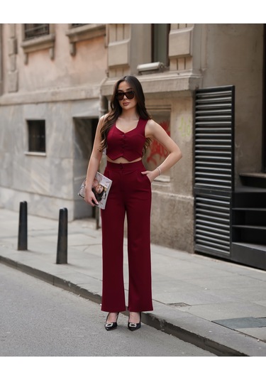 Kadın Crep V Yaka Yelek Ve Pantolon Takım Bordo