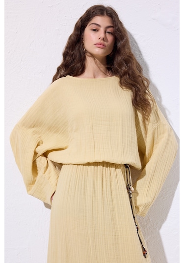 Müslin Beli Büzgülü Elbise Sarı Sarı