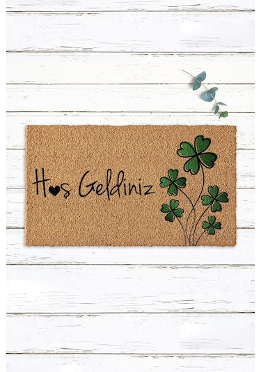 Hoşgeldiniz Yazılı Yeşil Yonca Tasarımlı Kapı Paspası