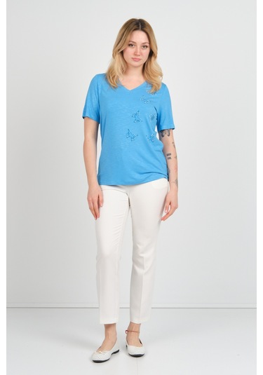 Ella Camelia Kadın Kelebek Şekilli Taş Süslemeli V Yaka Kısa Kollu Bluz 24e047 Mavi Mavi