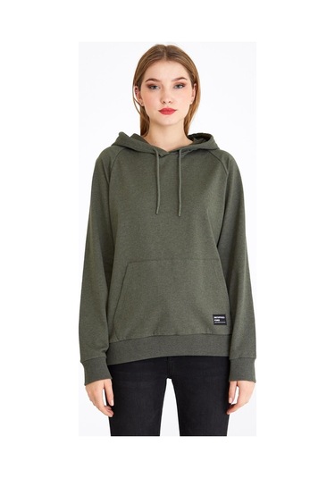 MMetalic Kadın Haki Renk Kapüşonlu Basic Örme Sweatshirt