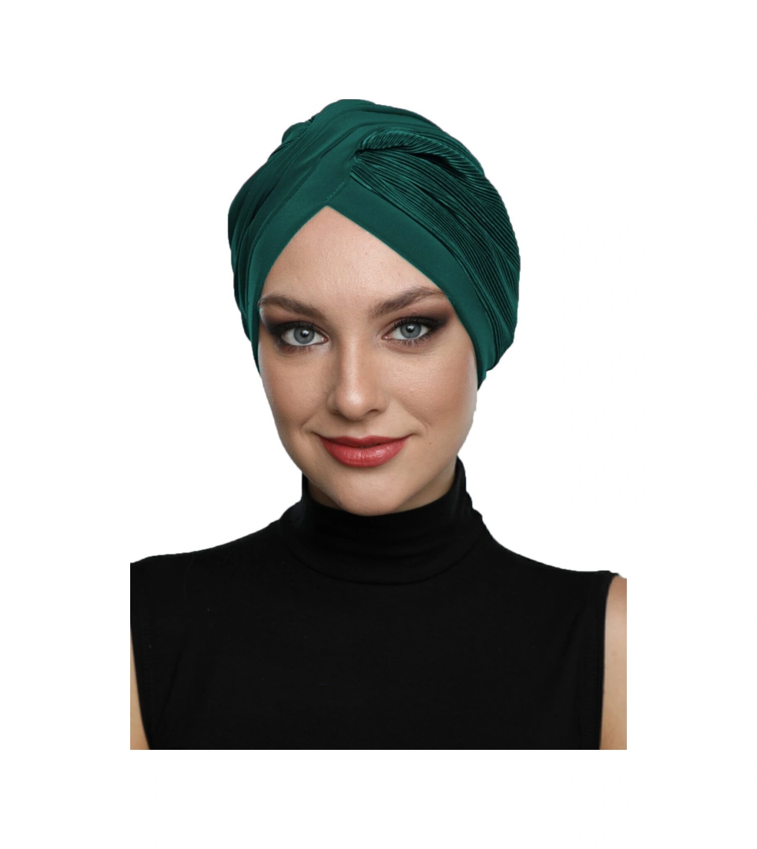 Çapraz Plise Yeşil Hazır Türban Tesettür Havuz Bonesi Hürrem