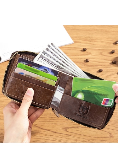 Hangfox Klasik Renkli Deri Cüzdan Erkekler İçin Çoklu Kartlık Ve Para Bölmeli İki Katlı Zipli Organize Edici Kahverengi