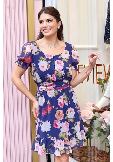 Çiçekli Elbise Bisiklet Yaka Fırfırlı Kısa Elbise Şifon Elbise