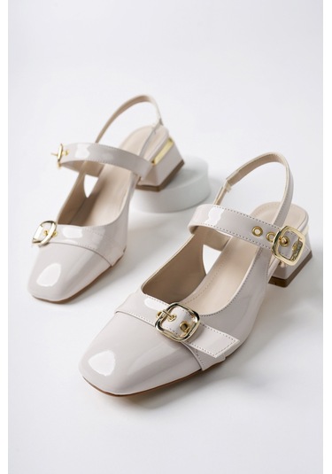 Muggo Yuqi Arkası Açık Küt Burun Çift Kemerli Kadın Günlük Klasik Kısa Topuklu Ayakkabı Ten Rugan