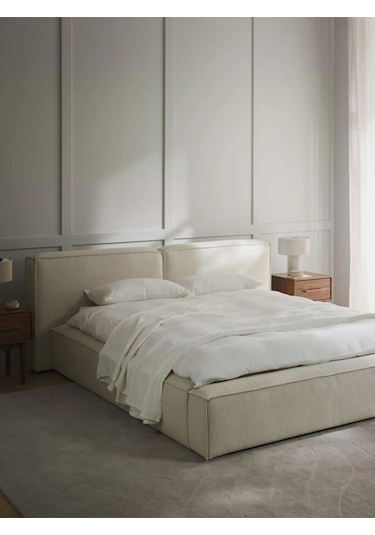 Nova Karyola Baza Başlık Set 160x200 Cm. Kırık Beyaz Keten Kumaş Montaj Dahil