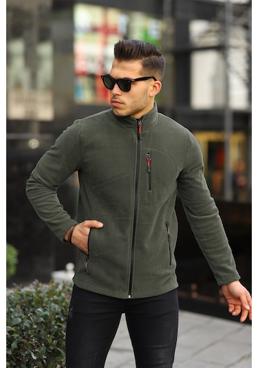 Kozik Standart Kalıp Tam Fermuarlı 3 Cepli Erkek Polar Haki