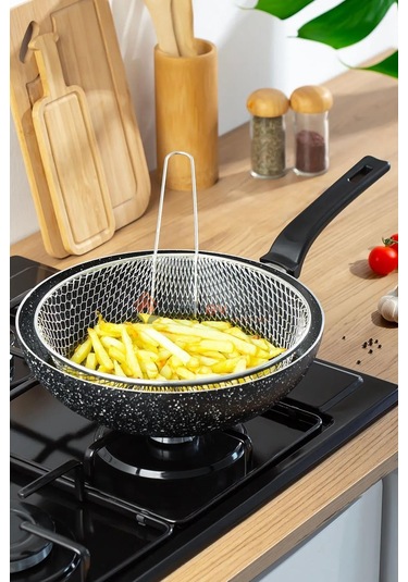Nishev Emaye Lüks Yanmaz Yapışmaz Granit Kızartma Fritoz Wok Tava 26 Cm Siyah