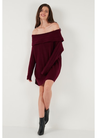 Lela Oversize Fit Kayık Yaka Uzun Kollu Mini Triko Bayan Elbise 4615218 Bordo