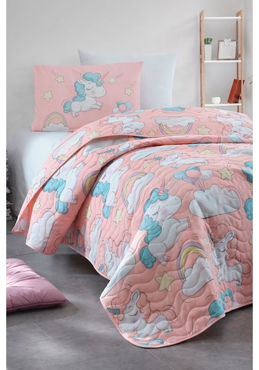 Enlora Home Kapitone Yatak Örtüsü Seti Tek Kişilik Unicornio Pembe