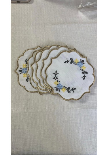 Nivemeshome Kanaviçe Nakışlı Sarı-mavi Oval 6 Adet Keten Kokteyl Peçetesi Kahve Yanı Sunumluk Çok Renkli