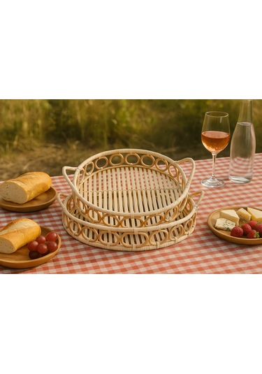 El Yapımı 2 Li Doğal Rattan Sunum Ve Servis Tepsi Seti Bohem Tarz Dekoratif Tepsi 35 Cm & 30 Cm Rattan