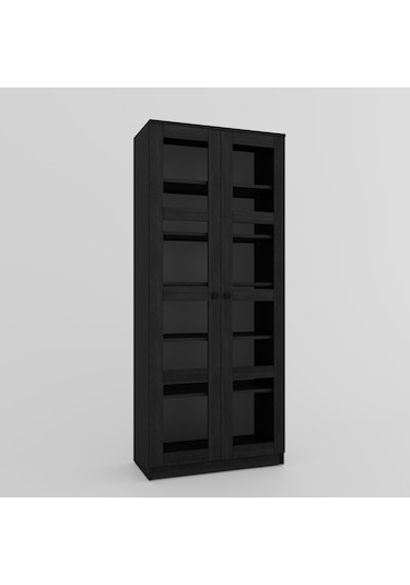 Lucas Cam Kapaklı Vitrin - Büfe - Kitaplık Ve Çok Amaçlı Dolap Ayarlanabilir Raf - Siyah Siyah