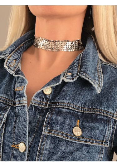 Arpa Pul Payet Zırh Metal Model Gümüş Choker Kolye Silver Çok Renkli