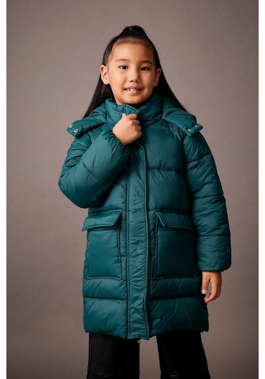 Defacto Kız Çocuk Su İtici Kapüşonlu Kaban A2538A823AUGN623 Yeşil