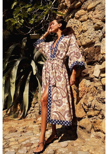 Defacto Regular Fit Kuşaklı Etnik Desenli Pamuklu Kimono-fall İn Love D0456ax25spnv247 Lacivert