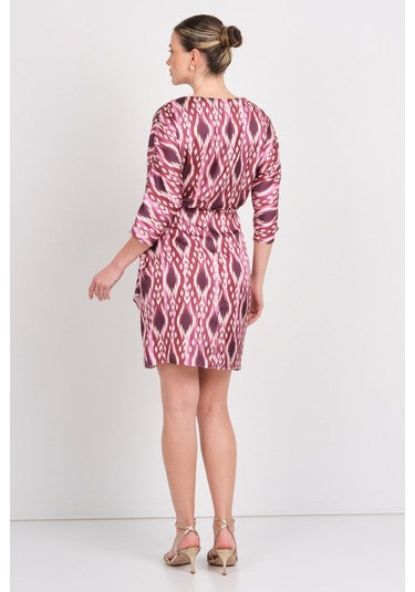 Explosion Kadın Desenli Belde Toka Detaylı Mini Elbise 7874 Bordo Bordo