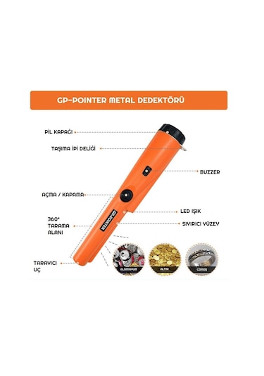 Su Geçirmez Kılıflı Gp Pointer Altın Metal Dedektörü El Tipi Altı