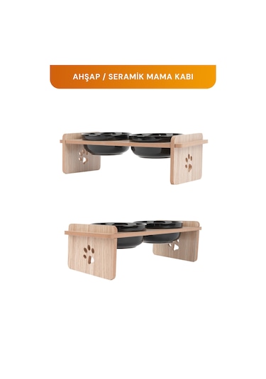 Ahşap Standlı Seramik Kaseli Kedi-köpek Mama Ve Su Kabı