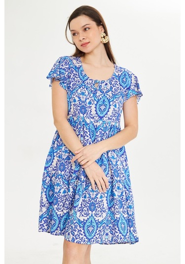 Mavi Yuvarlak Yakalı Kısa Mendil Kol Etnik Otantik Desenli Rahat Kesim A-line Kısa Elbise Mavi-beyaz