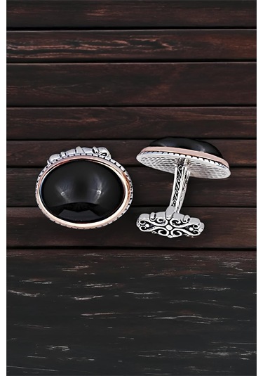 Gümüş Siyah Onix Taşlı Oval Kol Düğmesi -5800 Gümüş