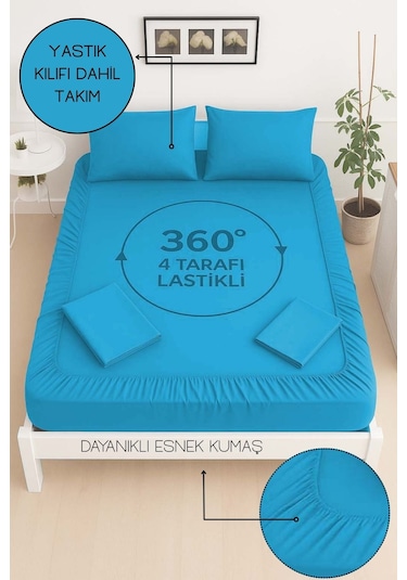 Mirava Premium %100 Pamuk Penye Lastikli Tek Kişilik Çarşaf Takımı 1 Yastık Kılıfı Dahil Turkuaz 100x200cm Turkuaz