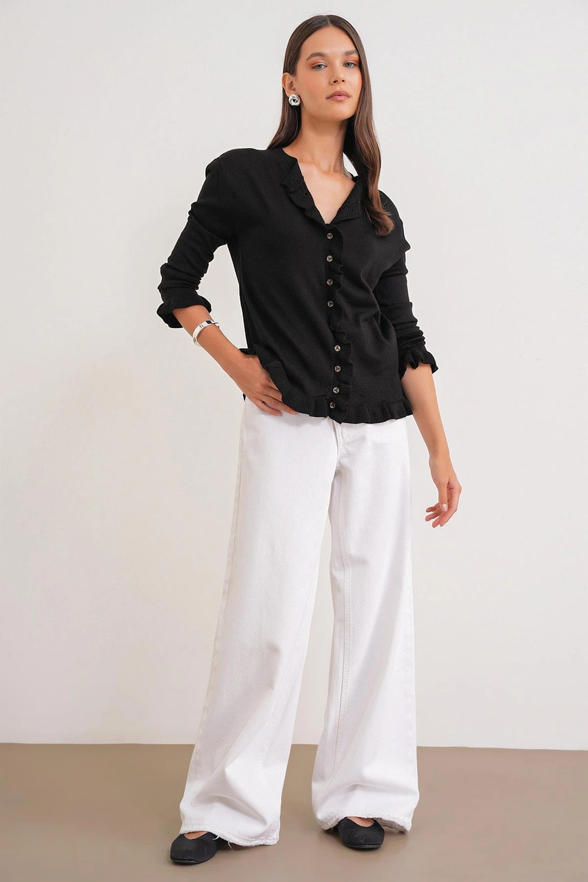 6964 Kadın Düz Fırfırlı Düğmeli Hırka Siyah Siyah