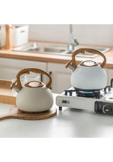 Valkyrie Modern Tasarım Düdüklü Kettle 3l Paslanmaz Çelik Ergonomik Su Isıtıcı Çaydanlık Islıklı Krem