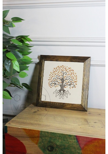 Artavessa Masif Ahşap Çerçeveli Taş Tablo Pano 26 x 26 cm - Ağaç Model 2