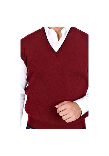 Kamalı Bordo Erkek Çelik Örgü Intersiye Kışlık Kalın Triko V Yaka Triko Örgü Tüylenmez Süveter Bordo