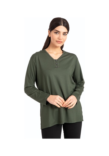Kadın Orta Yaş ve Üzeri Dört Mevsim V Yaka Rahat Kalıp Likralı Viskoz Anne Penye Bluz 140-Haki