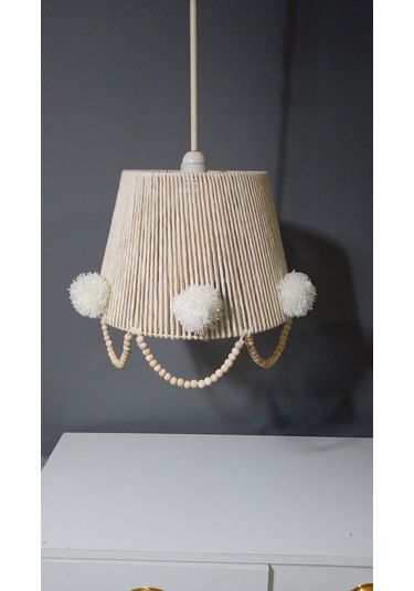 Makrome İp Sargılı Avize Abajur Set Çocuk Odası Avize Bebek Odası Avize Ponpon Boncuk Ekru