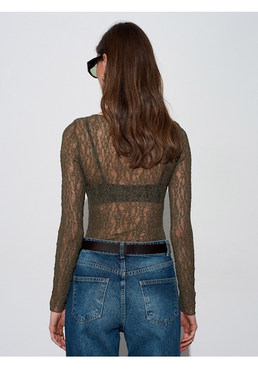 Dilvin 32764 Kayık Yaka Dantel Top-haki