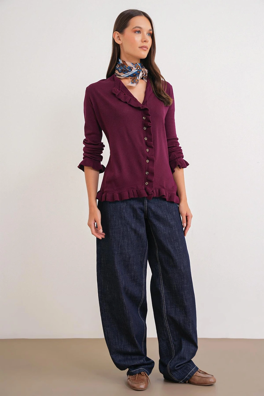 6964 Kadın Düz Fırfırlı Düğmeli Hırka Bordo Bordo