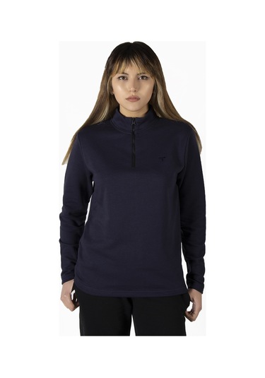Kadın Lacivert Yarım Fermuarlı Basic Düz Renk Trend Sweatshirt Lacivert