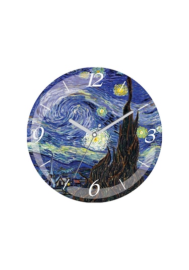 Van Gogh Un Yıldızlı Gece Sessiz Bombeli Gerçek Cam Duvar Saati Çok Renkli